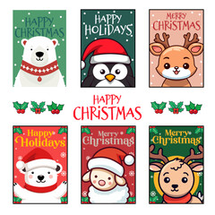 Christmas Animals with Santa Hats: Deer, Penguin, Sheep, Reindeer, Polar Bear - Set Collection Presented on Merry Christmas Greeting Cards and Posters for Kids