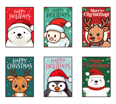 Merry Christmas Greeting Cards and Posters for Kids: Featuring a Set Collection of Christmas Animals with Santa Hat - Deer, Penguin, Sheep, Reindeer, Polar Bear