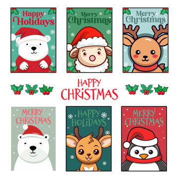 Santa Hat-Wearing Christmas Animals: Deer, Penguin, Sheep, Reindeer, Polar Bear - Set Collection Displayed on Merry Christmas Greeting Cards and Posters for Children