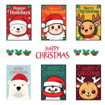 Merry Christmas Cards and Posters for Kids: Showcasing a Set Collection of Christmas Animals in Santa Hats - Deer, Penguin, Sheep, Reindeer, Polar Bear