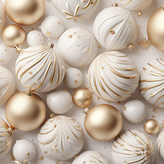 3d render. Winter holiday wallpaper. Festive white and gold Christmas ornaments and baubles