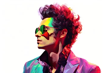 Fotobehang The head of a handsome man in a suit and sunglasses. Fashionable image of a male model with a stylish hairstyle in a watercolor style. Avatar for social networks. Illustration for cover, etc. © Login