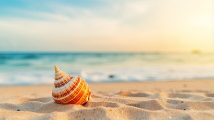 One seashell shell lies on the sandy shore of the sea or ocean at sunset of the day. Illustration for cover, card, postcard, interior design, banner, poster, brochure or presentation.