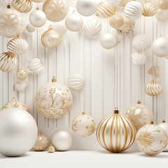 3d render. Winter holiday wallpaper. Festive white and gold Christmas ornaments and baubles