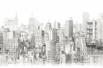 A linear view of the cityscape against a white backdrop, showcasing the metropolitan environment with fine lines. Generative AI
