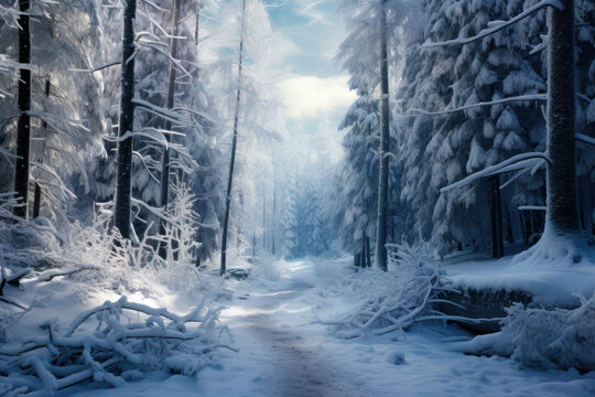 A picturesque winter forest with a gentle snowfall, where the trees are adorned with glistening icicles, embodying the enchantment of a winter wonderland. Generative Ai.