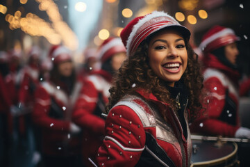A joyous holiday parade with marching bands, colorful floats, and costumed characters, embodying...