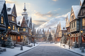 Naklejka premium A charming holiday village with quaint houses, snow-covered rooftops, and a central town square adorned with a towering Christmas tree. Generative Ai.
