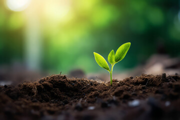 Green sprout in the ground, with green blurred bokeh background, with space for text