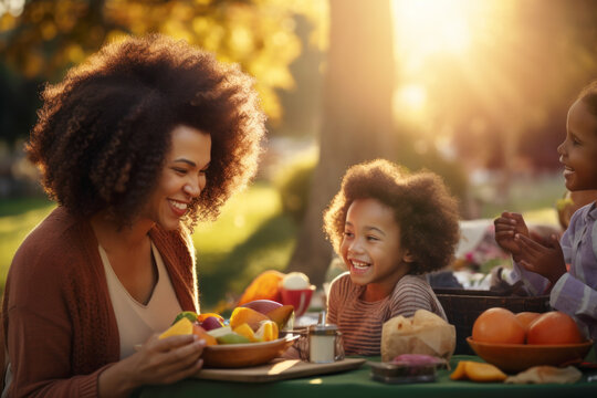 Happy black family having a picnic in the park, sitting at the table and enjoying the delicious food they brought with them