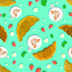 Croissants and Coffee with Foam, Strawberry Flowers and Fruits with leaves. Seamless vector drawing for textiles, printing, wallpaper and napkins, colorful design.