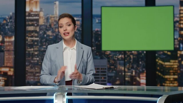 Positive news presenter talking evening chromakey studio closeup. Anchor woman