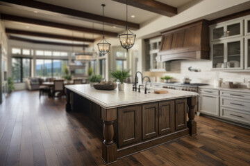 A traditional kitchen in a luxurious new home, featuring hardwood floors, wood beams, and a spacious island with quartz countertops, along with farmhouse sink. Generative Ai.