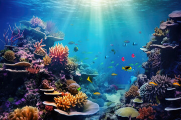 Underwater view of tropical sea bottom and wildlife - obrazy, fototapety, plakaty