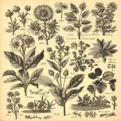 Page of an antique retro book with a guide to plants and flowers, black and white drawing engraving style