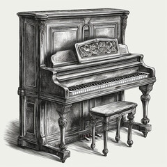 Fototapeta na wymiar Piano, musical instrument, classical music, vintage retro black and white drawing, engraving style