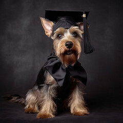 Yorkshire Terrier Yorkie in a black academic cap, funny pet, cute dog, close-up portrait on a black background
