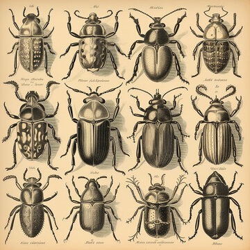 Page of an antique retro book of insect beetles identification book, black and white drawing engraving style