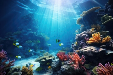 Fototapeta na wymiar Split underwater view of tropical sea bottom and sky background