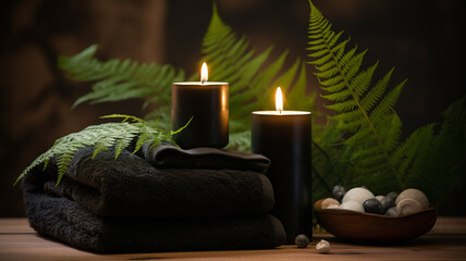 Obraz na płótnie Canvas spa composition of black stones and candles on wooden background. selective focus, copy space