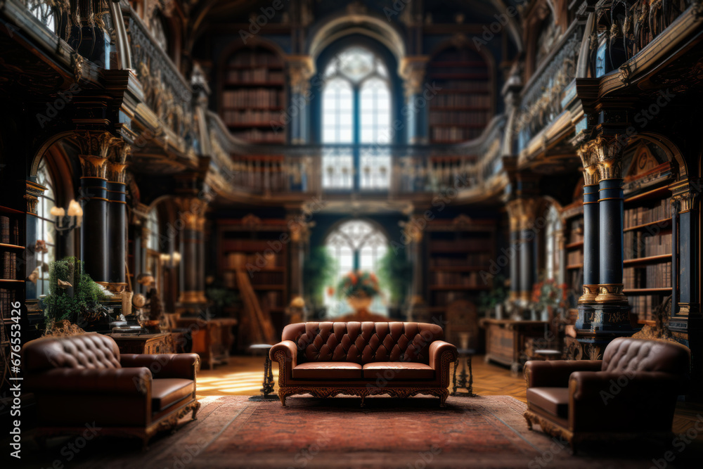 Poster a grand library with towering bookshelves and ornate architecture, inviting readers into a world of 