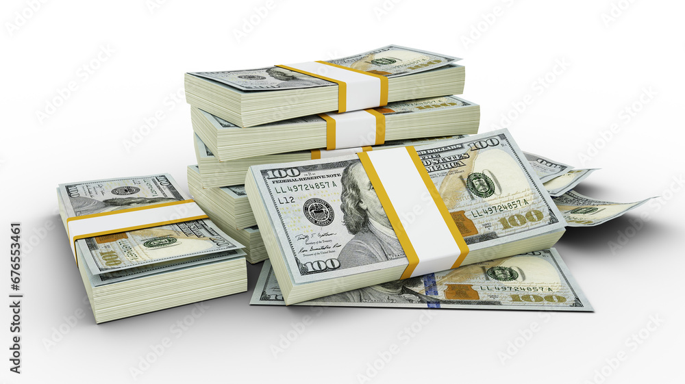 Poster 3d stacks of 100 us dollar notes isolated on transparent background