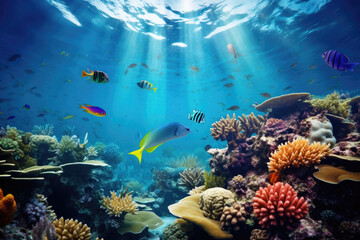 Naklejka na ściany i meble Split underwater view of tropical sea bottom and sky background
