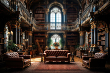 Fototapeta na wymiar A grand library with towering bookshelves and ornate architecture, inviting readers into a world of knowledge and imagination. Generative Ai.