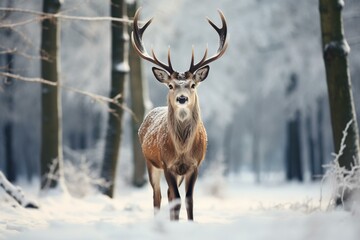 A stunning deer surrounded by snow amidst dense woodland. Generative AI