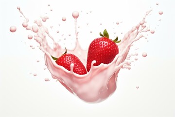 Floating strawberry, strawberry drops in yogurt and milk splashes. Isolated. Generative AI