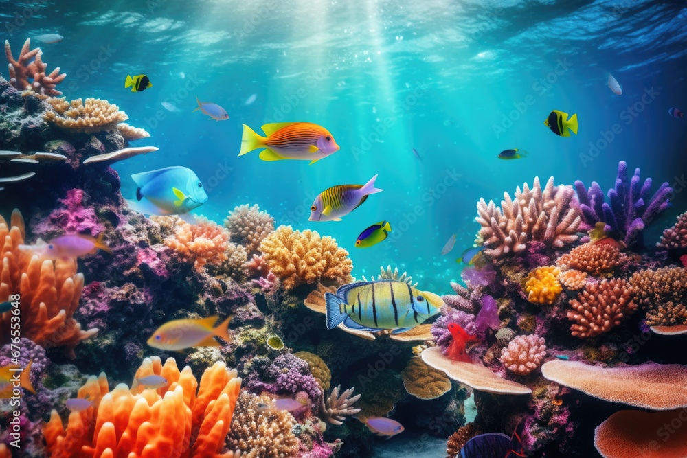 Wall mural split underwater view of tropical sea bottom and sky background - Wall murals