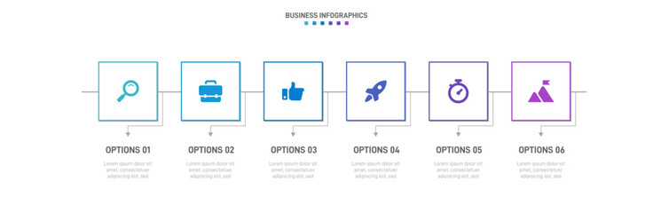 Timeline infographic with infochart. Modern presentation template with 6 spets for business process. Website template on white background for concept modern design. Horizontal layout.