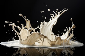 Image depicts the dynamic motion of milk through splashes and pouring. Generative AI