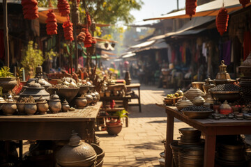 A bustling street market with vendors selling exotic spices, textiles, and crafts, immersing visitors in the vibrant culture of a foreign land. Generative Ai. - obrazy, fototapety, plakaty