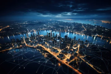 Photo sur Plexiglas Skyline A captivating aerial view of a city skyline at night, illuminated by a web of dazzling lights. Generative Ai.