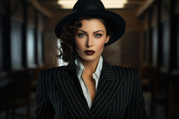 A confident vintage woman in a sharp pinstripe suit, channeling the power and strength of women in the 1940s. Generative Ai.