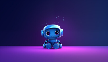 A close up of a cute little robot sitting on the ground. Gradient technology wallpaper in blue and turquoise color. 