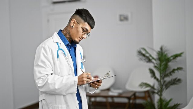 Handsome young latin man working in his lab coat, focusing with glasses perched on his face, writing an intriguing medical report at the bustling clinic amidst professional indoor scenery.