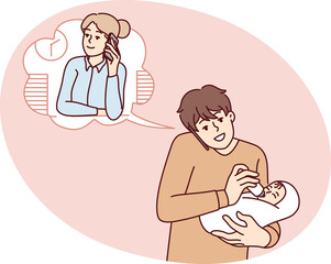 Father feeding baby talk with wife in office