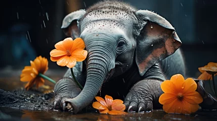 Foto op Aluminium  a baby elephant playing in a puddle of water with orange flowers in it's trunk and tusks sticking out of it's trunk.  generative ai © Anna