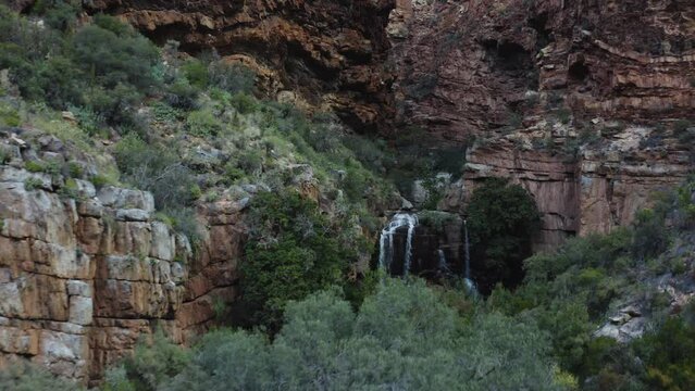 Aerial view of a waterfall along Meiringspoort pass in the Klein Karoo