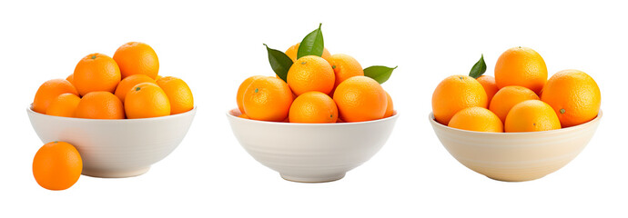 Collage set of oranges in a bowl over isolated transparent background