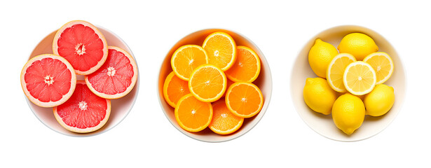 Top view of citrus fruit, grapefruit, orange and lemon slices in bowls over white transparent...