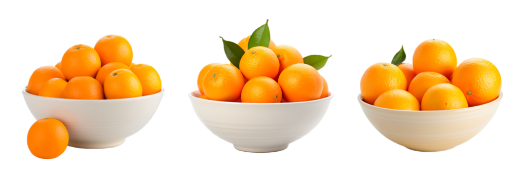 Collage set of oranges in a bowl over isolated transparent background