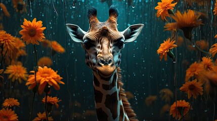  a giraffe standing in front of a bunch of flowers with drops of water on it's face.  generative ai