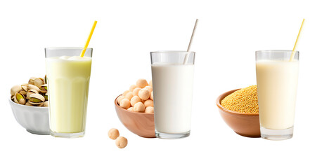 Vegetable milks made of pistachios, macadamia nuts and millet. Isolated transparent background - obrazy, fototapety, plakaty