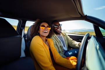 Happy young couple driving a car to the countryside.. Summer vacation and travel concept