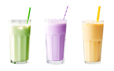 Three colorful milkshakes over white transparent background