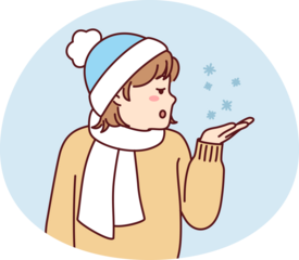 Little teen girl in winter hat and scarf stretches out palm to pick up snowflakes. Vector image