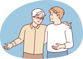 Gray-haired elderly man in glasses and young guy slap each other on back and shoulders. Vector image
